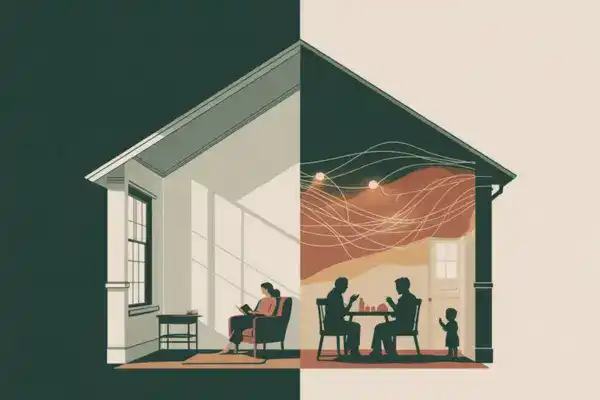 Imagem de uma casa dividida ao meio, mostrando ambientes acolhedores e bem iluminados, simbolizando.