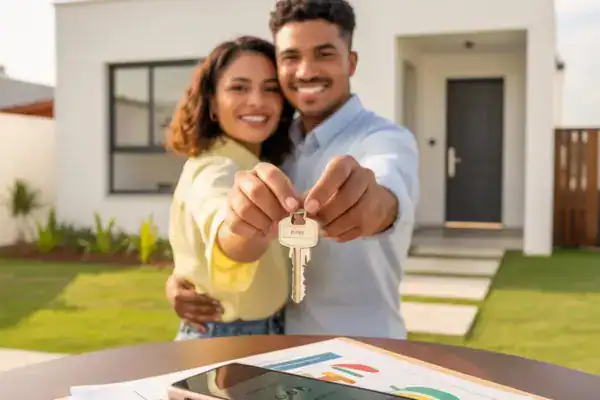 Chave do imóvel na mão de casal feliz na frente da casa.